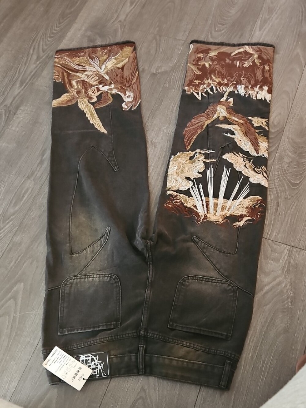Jaded London Black Jeans with Brown & Tan Embroidered Angel Motif - Picture 3 of 5